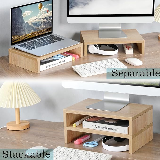TEAMIX Wood Monitor Stand Riser-2 Packs, Maple | Holds 80Lbs, Stacked/Separate Adjustable Use, 2 Tier Adjustable, Fits laptop, TV, PC. For Home Office, Gaming - Image 2