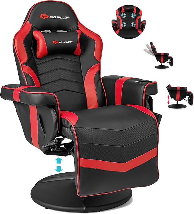 POWERSTONE Gaming Recliner, Adjustable Massage Gaming Chair with Cup Holder Footrest Ergonomic Single Sofa Living Room Home Theater Seating with Side Pouch (Red) by POWERSTONE%C2%AE