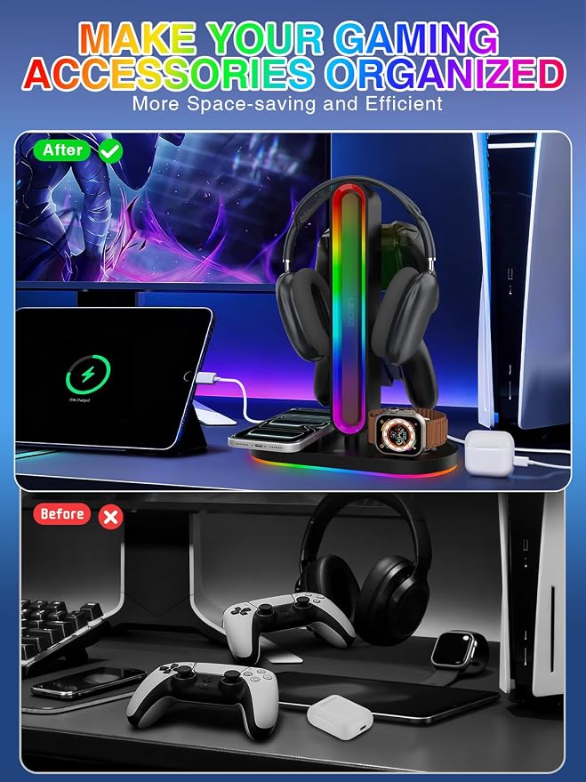 RGB Headset Stand with Wireless Charger, 8-in-1 Charging Station for iPhone, Samsung, Apple Watch Type-C/USB Ports, Gaming Headphone & Controllers Holder, Organizer for Desk Includes 20W PD Adapter - Image 7