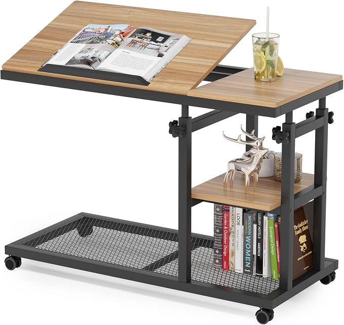 Tribesigns Height Adjustable C Table with Wheels, Mobile Couch Snack Side Table with Tiltable Drawing Board, Sofa Bedside Laptop Stand C Shaped TV Tray with Storage Shelves (Black+Oak) - Image 9