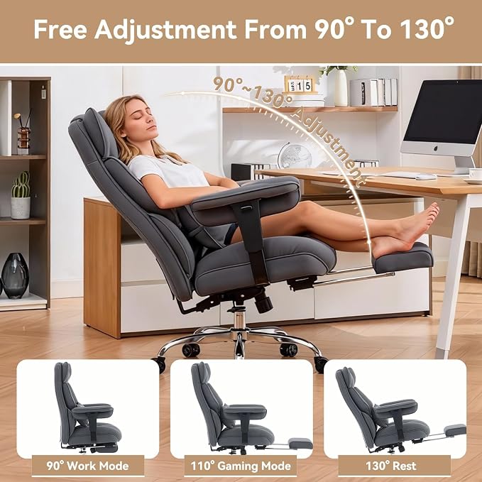 Efomao Executive Office Chair, Bluegrey Fabric Big and Tall Desk Chair | Breathable fabric, pocket spring & foam seat, retractable footrest, 135° recline for computer gaming setup - Image 4