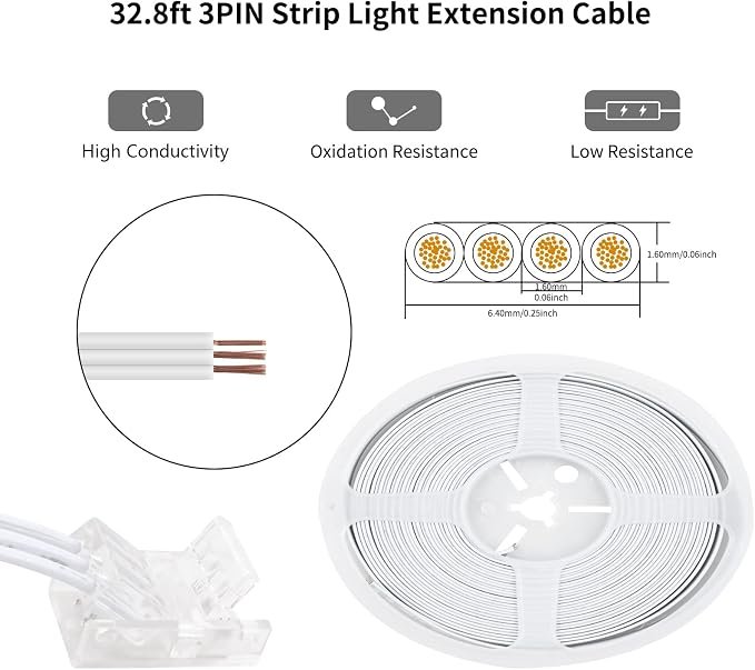 RGBZONE 3 Pin 10mm LED Connector Kit with 32.8ft 3 Pin Extension Cable and 10 Pcs 3 Pin LED Strip to Wire Connectors for 10mm IP20/IP65 SMD 5050 Dream Color LED Strip Light WS2811 WS2812B - Image 4