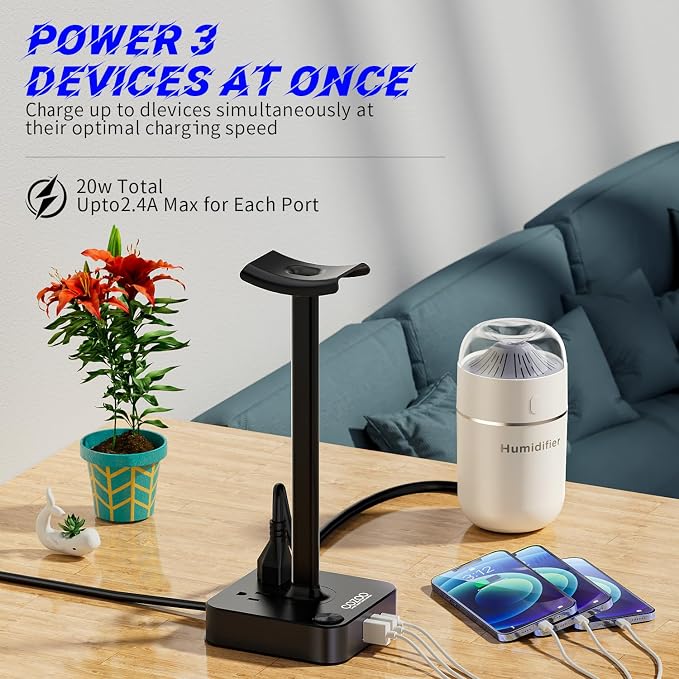 cozoo Headphone Stand with Charger for Desk, Gifts for Gamers Men, Black | Gaming Headset Stand Holder for Desk, 3 USB(1 USB C) and 2 AC Outlets Charging Ports, Headphone Hanger, Gamer Gifts for Men - Image 8