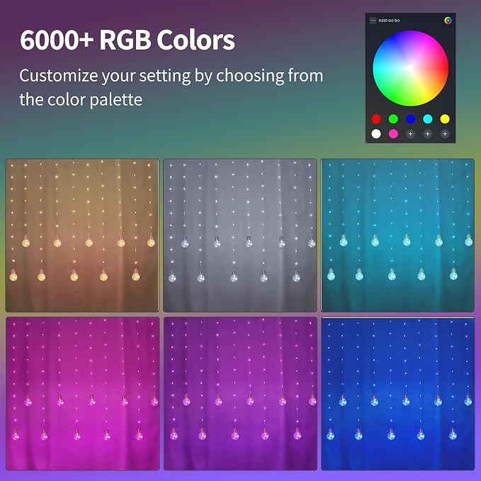 Color Changing Wishing Ball Curtain Lights, 9.8 x 3.3 FT RGB LED Fairy Light with Remote App Control, Music Sync Window Backdrop Wall Hanging Lights for Bedroom Party Halloween Christmas Decoration - Image 4