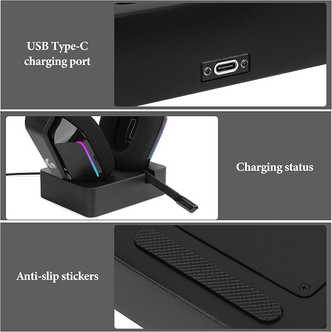 GEEKRIA Headphones Charging Stand for Logitech G733 Lightspeed Wireless Gaming Headset, 3D Printed Resin Magnetic Dock, Gaming Headset Base (Black) - Image 3