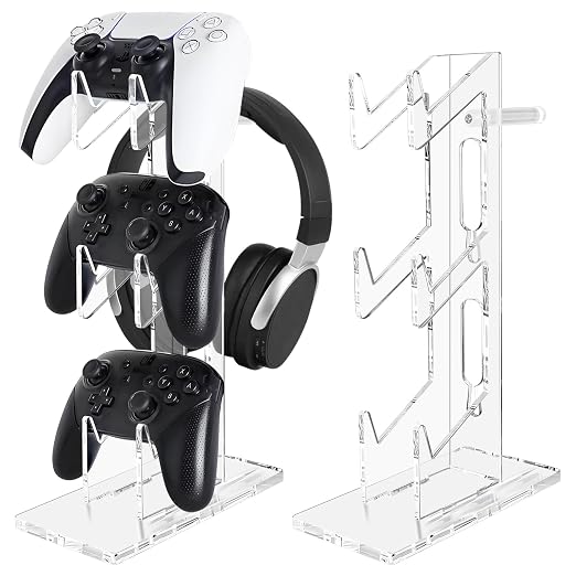 FYY Game Controller Holder 3 Tiers - Universal Dual Stand and Headphone Holder, Acrylic Clear Display Compatible With Nintendo Switch, Xbox, PS5, PS4 - Desk Mounts for Controllers by FYY
