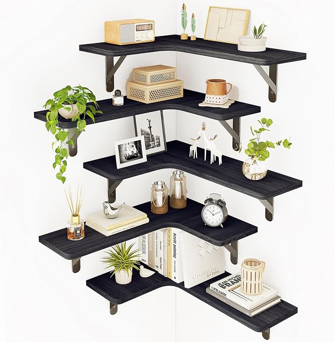 Fixwal Conner Shelves Wall Mounted for Decor, Black Set of 5 by Fixwal