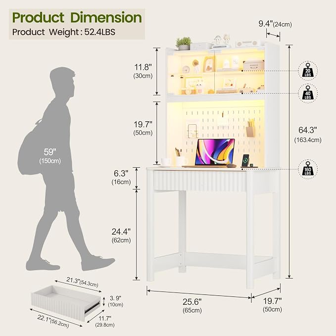 Lvifur LED Writing Desk with Hutch and Pegboard and Power Outlet (White) | Compact Study Desk with Display Shelf, 3 Color Lights, Adjustable Brightness, USB/Type-C&2 AC Outlets, Drawer wtih Metal Rail - Image 6