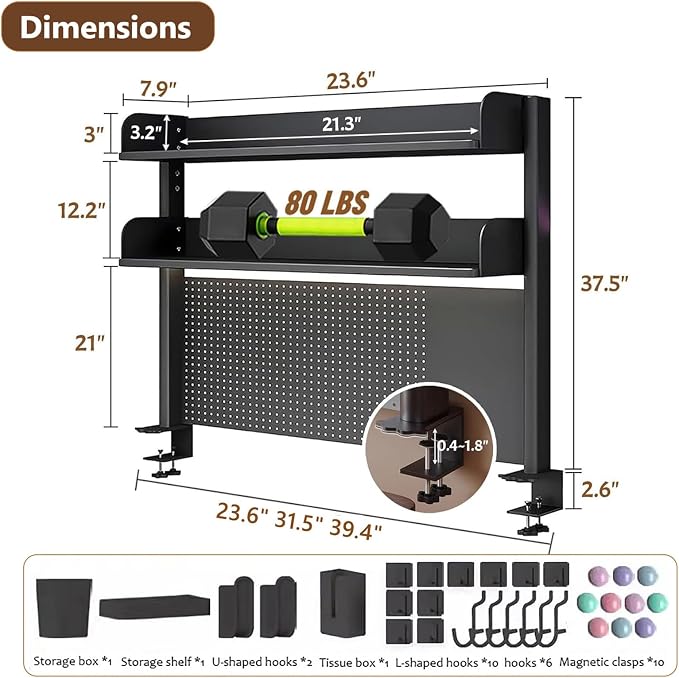 Clamp-on Desk Shelf Organizer with Pegboard,Black Desktop Bookshelf,Metal Dorm Desk Hutch,Multi-Purpose Countertop Storage Shelves for Home Office Dorm Gaming Desk(W - 23.6", White) - Image 2