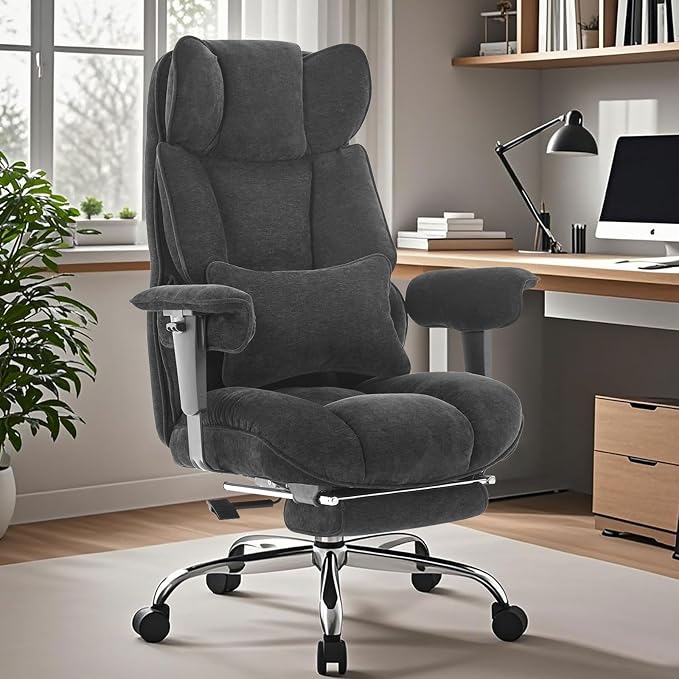 Efomao Executive Office Chair 400lbs, Black Fabric Big and Tall Desk Chair | Breathable fabric, pocket spring & foam seat, retractable footrest, 135° recline for computer gaming setup by OFFICECHAIR