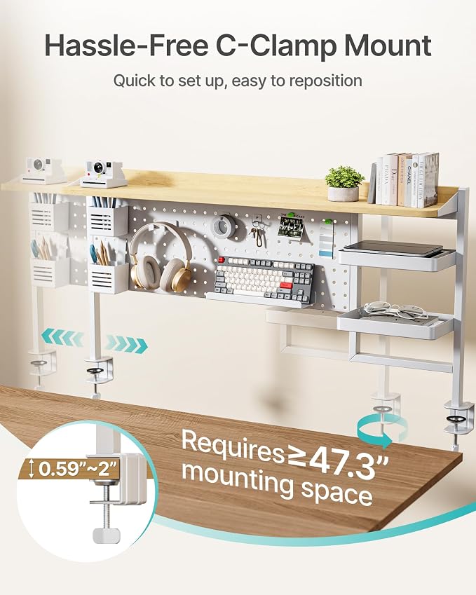 PEGZONE Clamp on Desk Shelf, 44" Desktop Shelving System, White | with Pegboard and Accessories, Desktop Organizer with 2-Tier Shelf, Desk Pegboard for Gaming Office - Image 6