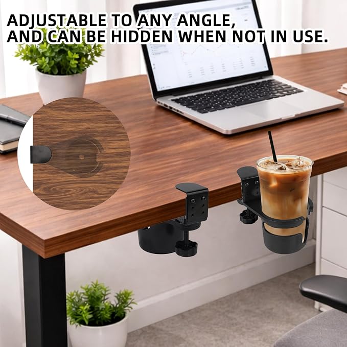 Desk Cup Holder Clamp, Rotatable Mount Design Drink Holder Attachments Accessories for Table Anti-Spill Plastic Clip on Mug Holders for Most Cups Cans Water Bottles Home Office Gaming Use (Black) ﻿ - Image 6