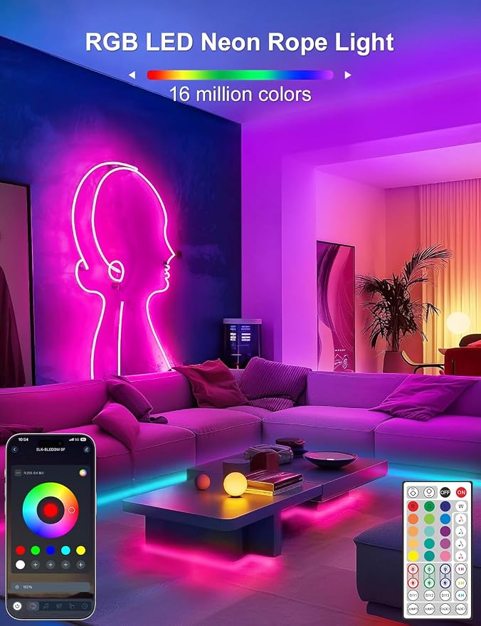 Lamomo LED Strip Lights RGB 16.4Ft, Neon Rope Lights with App Remote Control, Music Sync, Indoor IP65, Waterproof, Flexible DIY Lights Design for Bedroom, Living, Gaming Room, Party Decor - Image 2