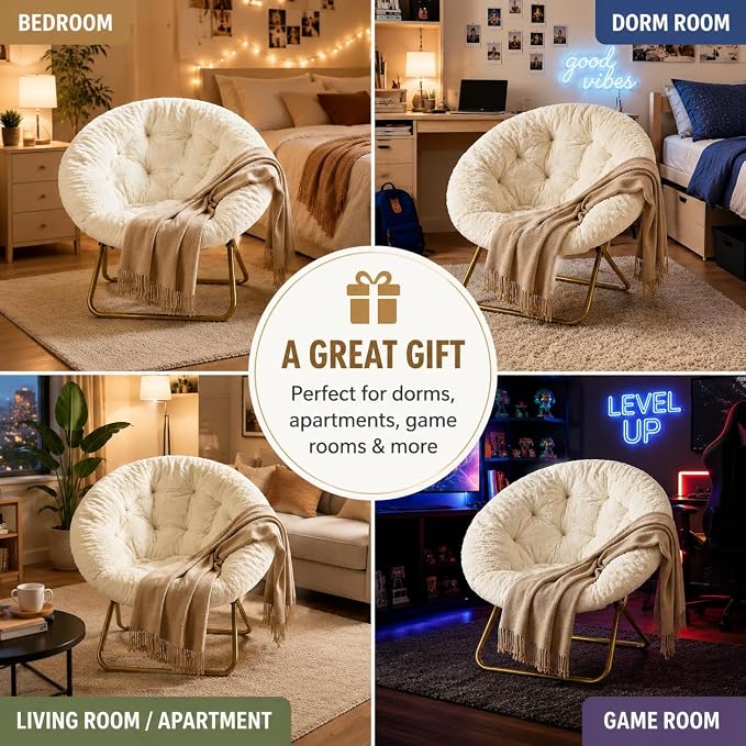 Simple Deluxe Saucer Chair, Round Foldable Reading Chairs, X-Large Size Cozy Papasan Chair, Comfy Furry Padded Moon Chair, Round Dorm Chairs for Bedroom Living Room, White - Image 6