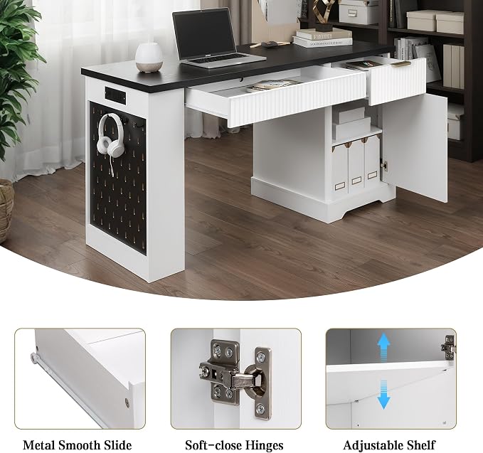 55" Fluted Gaming Desk Pegboard Cabinet Drawers Outlet, White | Home Office | Bedroom Living Room Teen Desk | Nail Tech Manicure | Vanity Hutch | Bookcase Corner - Image 4