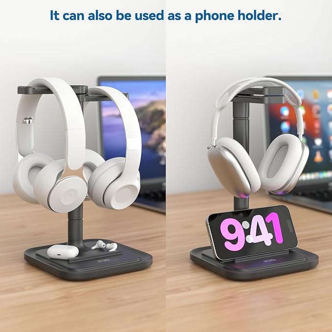 KDD Dual Headphone Stand for Desk - Rotatable Headset Hanger with Phone Holder - Removable Non-Slip Base for Gamers Desktop Accessories - Image 6