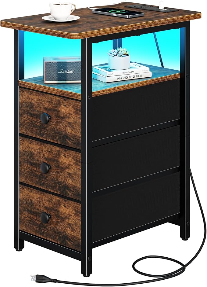 Yoobure End Table with Charging Station, LED Narrow Side Table Bedside Table, Small Night Stand End Tables Living Room, Skinny Nightstand with 3 Fabric Drawers, Side Tables Bedroom for Small Spaces by Yoobure