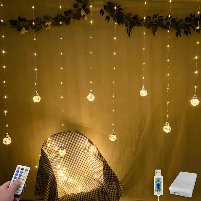 YOLIGHT Wishing Ball Curtain Lights 200 LED Window Curtain String Lights with Remote, USB Battery Powered Twinkle Globe Fairy Lights for Wedding Party Bedroom Christmas Decoration (Warm White) by Yolight