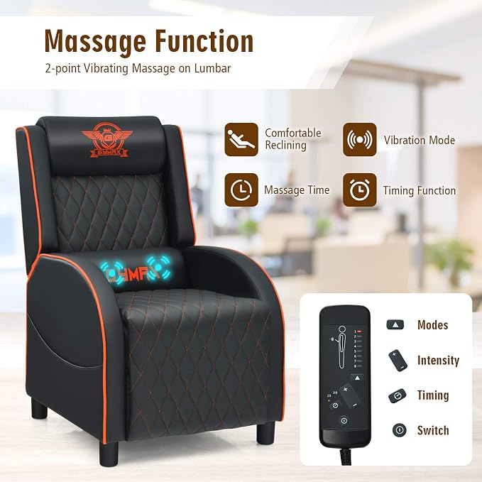 GYMAX Massage Gaming Recliner Chair, Ergonomic Racing Style Single Sofa with Adjustable Headrest, Backrest & Footrest, Home Theater Sofa for Living Room Office (Orange) - Image 5