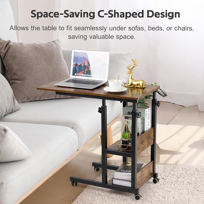 Hadulcet C Shaped Side Table Adjustable, Height Adjustable C Table with Wheels and Storage Shelves for Couch Bed Recliner Rustic Brown - Image 7