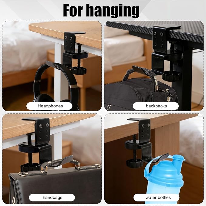 2pcs Heavy Duty Desk Clamp Hook, Carbon Steel 360° Rotating Under Desk Table Bag Hook Clamp on Hanger Office Gaming Accessories for Umbrellas Backpack Headphone Purse (Black) - Image 7