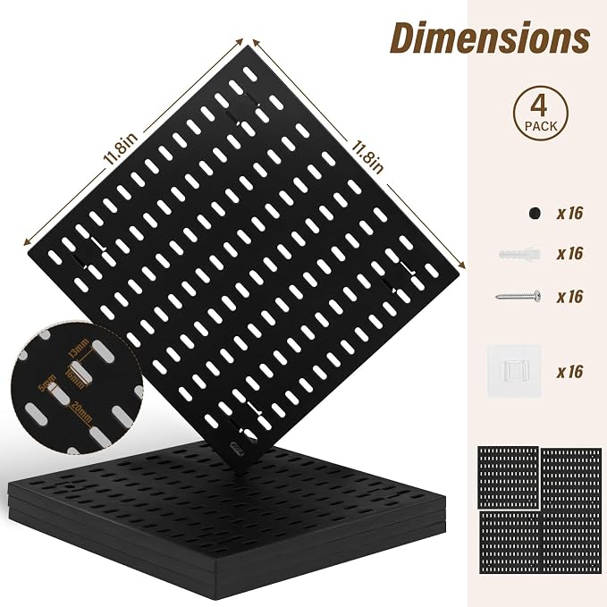 AKTOP Modular Plastic Peg Board Wall Organizer, 4 Pack, 12"x12", Black | ABS Material, Adhesive or Drill Mounting, Ideal for Office, Gaming Room, Craft Room - Image 3