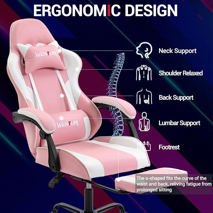Gaming Chair with Footrest for Adults, PU Leather Video Game Chair with Massage Lumbar Support for Men Women, Ergonomic Computer Gamer Chair for Home Office, Height Adjustable, Pink - Image 3