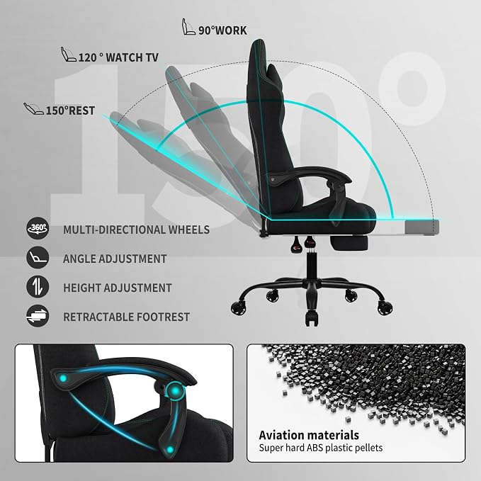 Fabric Gaming Chair with Footrest, Big Tall Reclining Ergonomic Chair | Breathable Fabric, Spacious Seat, Headrest And Lumbar Support Provide Lasting Comfort For Gaming, Work And Relaxation - Image 5