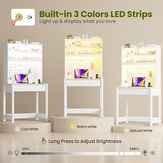 Lvifur LED Writing Desk with Hutch and Pegboard and Power Outlet (White) | Compact Study Desk with Display Shelf, 3 Color Lights, Adjustable Brightness, USB/Type-C&2 AC Outlets, Drawer wtih Metal Rail - Image 4