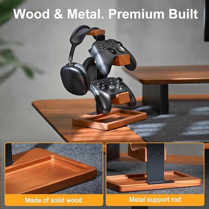 Solid Wood Controller Holder and Headphone Stand, Controller Stand for Desk | Dual Gaming Controller Organizer Rack, Fits Xbox, PS4, PS5, Gamepad, Headset Holder for Son, Husband, Boyfriend - Image 3