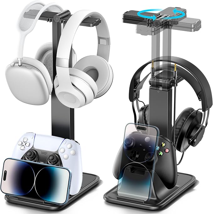 Height Adjustable Dual Headphone Stand, 360° Rotatable Gaming Headset Holder with Controller & Phone Stand, All-in-One Desk Organizer for PS5/Xbox/Switch Controllers/iPad, Desktop Game Accessories by Kytok