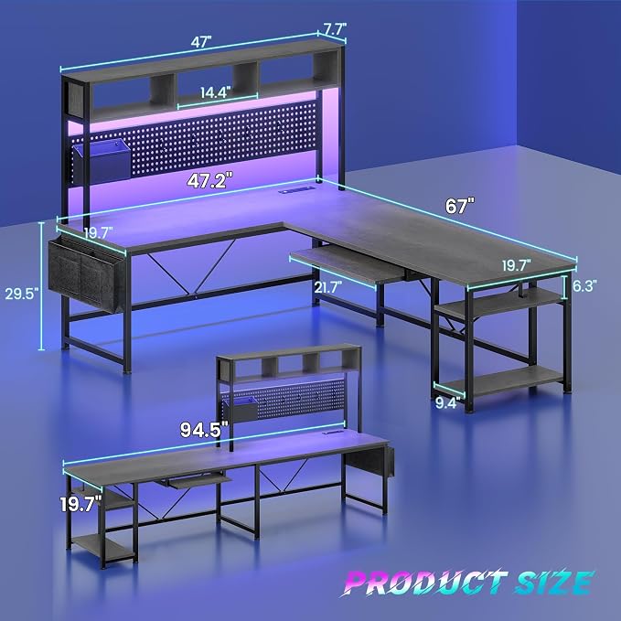 SEDETA L Shaped Office Desk with Hutch, Reversible 94.5" Computer Desk | L Shaped Gaming Desk with LED Light, Keyboard Tray, Storage Shelves and Headphone Hook for Home Office, Grey - Image 2