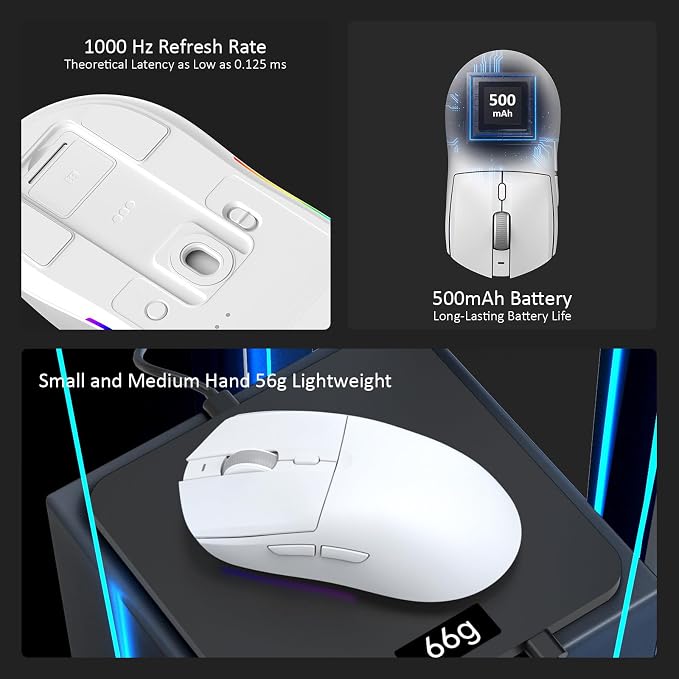 AJAZZ AJ139 V2 MC Wireless Gaming Mouse with RGB Charging Dock, 66g Ultra-Lightweight Tri-Mode Optical Mouse, 12000 DPI PAW3311 Sensor, Ergonomic Rechargeable Gaming Mouse for PC/Mac - White - Image 5