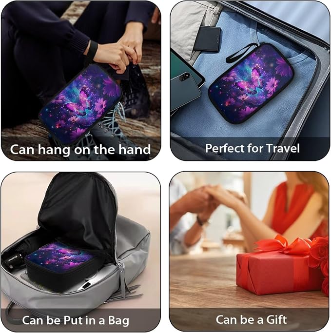 Purple Floral Butterfly Print Electronic Organizer Travel Universal Accessories Storage Bag Portable for Hard Drives, Cables, Memory Sticks, Charger, Phone, USB, SD Cards - Image 6
