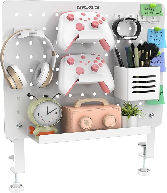 Clamp-on Desk Pegboard – Steel No Drill Desktop Organizer Panel with Gaming Controller Holder, Headphone Hook, and Storage Shelf – Vertical Mount for Office and Home Setup(White by DeskLogics
