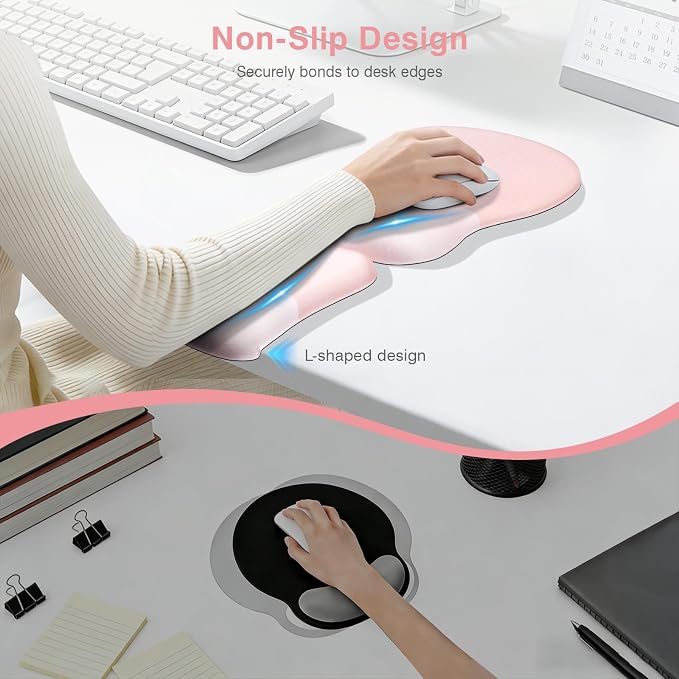 Ospelelf Mouse Pad with Wrist Rest Set Foam L-Shaped Desk Elbow Pad Ergonomic Desk Edge Cushion Anti-Slip Rubber Bottom Office Women Desk Accessories for Computer, Laptop and Gaming, Pink - Image 5