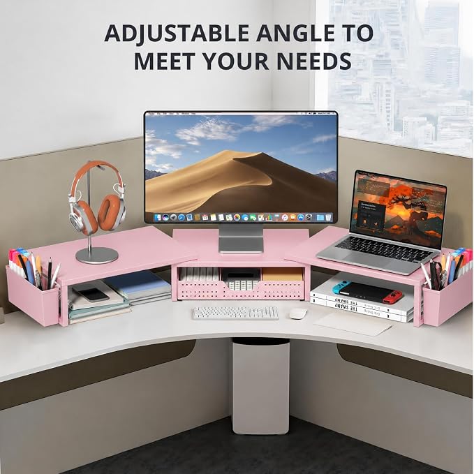 OPNICE Desk Organizers and Accessories, Dual Monitor Stand Riser with Drawer and 2 Pen Holders, Desk Shelf Computer Racks for Office Workspace Organizers, Desktop Organization (Peach-Pink) - Image 6