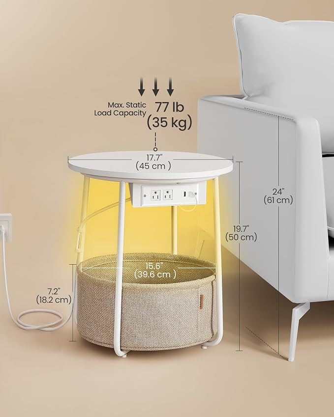 VASAGLE Side Table with Charging Station,Fabric Basket, LED Round End Table - Image 6