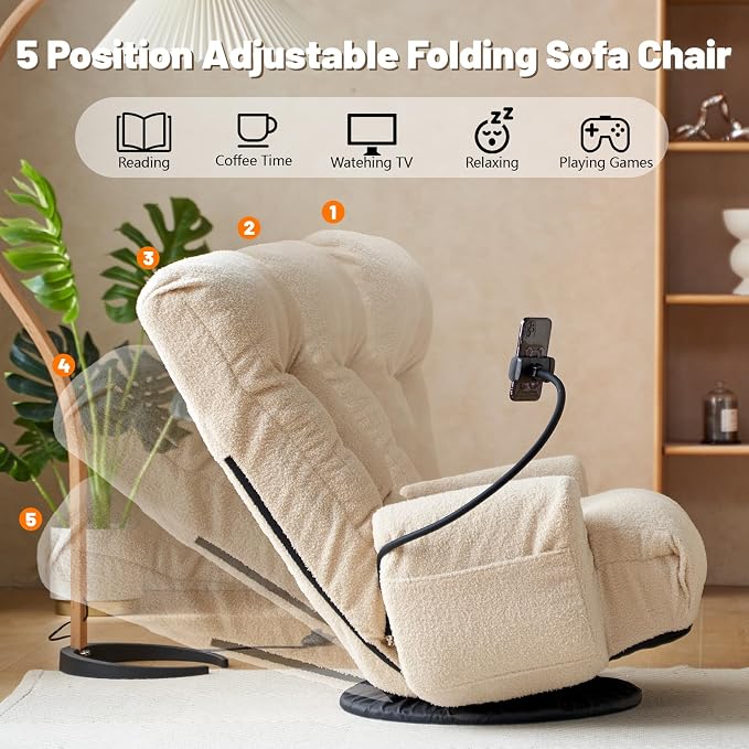 360° Swivel Gaming Floor Chair, 5 Position Adjustable Folding Sofa Chair with Armrests & Phone Holder, Cushion Padded Indoor Chaise Lounge for Adults, Home Office Floor Leisure Chairs, Beige - Image 4