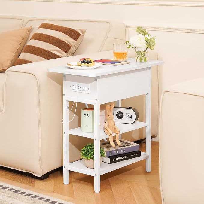 Yoobure End Table with Charging Station, Flip Top Side Table with USB Ports and Outlets, Sofa Couch Table Bedside Table for Living Room Bedroom, Narrow Nightstand with Storage Shelves for Small Spaces - Image 2