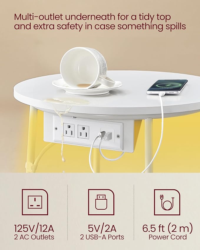 VASAGLE Side Table with Charging Station,Fabric Basket, LED Round End Table - Image 5