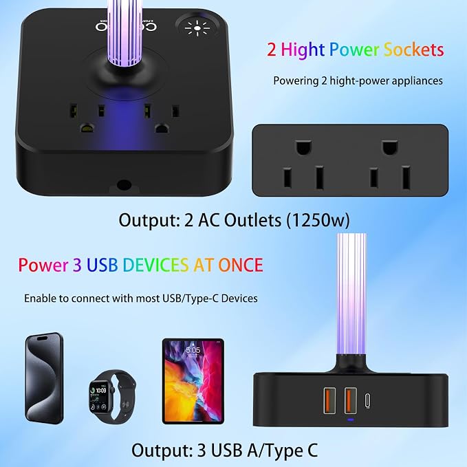 cozoo Headphone Stand with Charger, USB C, Gifts for Gamers Men, Black Pro | Gaming Headset Stand Holder for Desk, 3 USB(1 USB C) and 2 AC Outlets Charging Ports, Headphone Hanger, Gamer Gifts for Men - Image 4