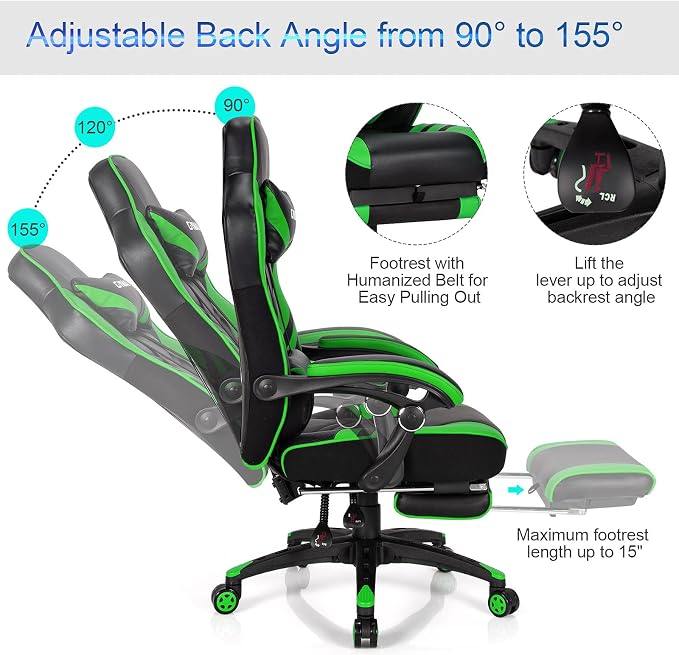 GYMAX Gaming Chair, Ergonomic Computer Chair with Footrest, Linkage Armrests & Lumbar Cushion, Big Wide High Back Video Gaming Chair, Reclining Office Rolling Chair for Adult/Teens (Green) - Image 6