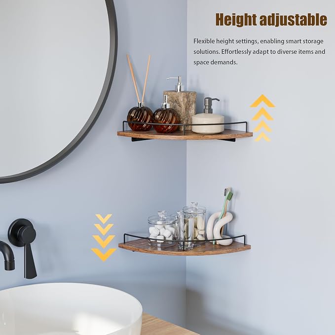 Corner Floating Shelves, Rustic Brown Wood, Set of 2, Wall Mount Storage with Guardrail for Bathroom Kitchen Living Room - Image 4