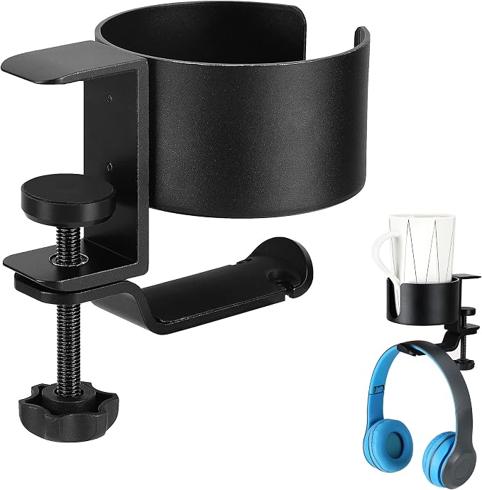 2 in 1 Desk Cup Holder with Headphone Hanger Holder, Anti-Spill Cup Holder-360° Rotation Aluminum Alloy Stand Hook Bearing Capacity 10kg/22lb Suitable for Coffee Mups,Water Cups,Bag,Headphone by WelcometoEverkeen