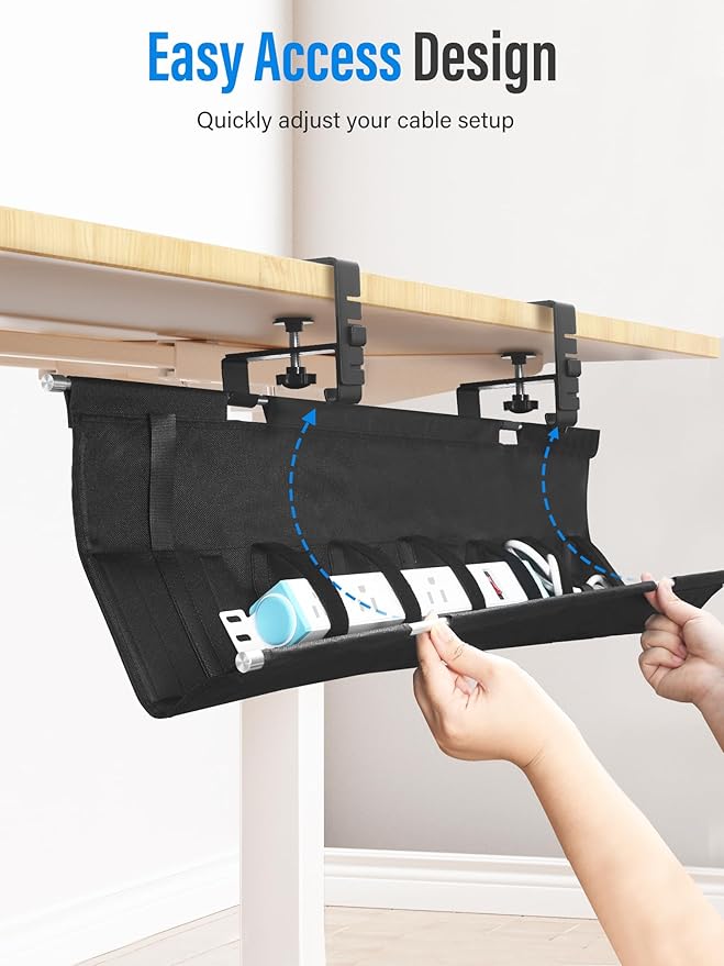 [Upgraded] Large Under Desk Cable Management Tray, Cinati Cable Management Under Desk No Drill, 28.4" Fabric Cord Hider for Wire Organizer, Cord Organizer for Office, Home - Supports Up to 30lbs Black - Image 4