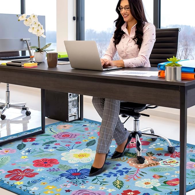 Office Chair Mat for Hardwood & Tile Floor,Boho Floral 36"x48" Computer Chair Mat for Rolling Chairs Carpet,Under Desk Non Slip Gaming Rug,Low-Pile Rubber Backing Large Protector Mat(Blue) - Image 5