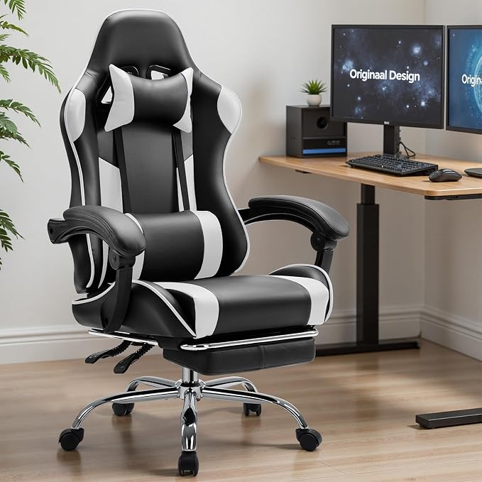Sweetcrispy Gaming Chair, High Back Office Chair, Home Office | PU Leather Ergonomic, Adjustable Headrest Footrest, Linkage Armrest, Video Racing, White - Image 2