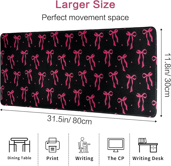 Large Gaming Mouse Pad 31.5 x 11.8in Desk Mat for Office Mousepad Anti-Skid Rubber Base Soft Comfortable and Durable Desk Pad (Black Bow) - Image 8