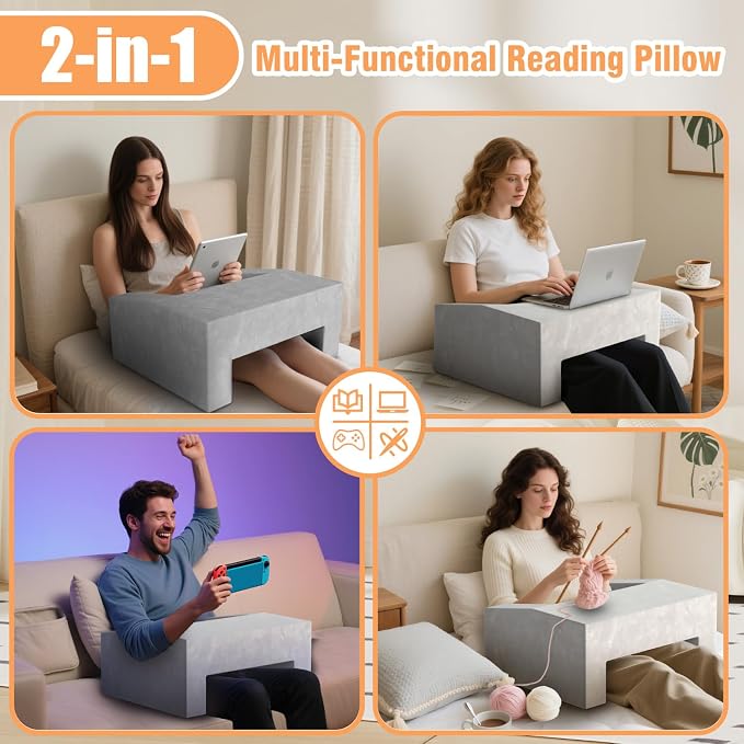 Reading Pillow for Adults, Supportive Lap Desk & Gaming Pillow for Bed, Couch, Floor, Simple Design with Ergonomic Arm Rest for Reading, Working, Gaming, Knitting 4 Color Options (Gray) - Image 6